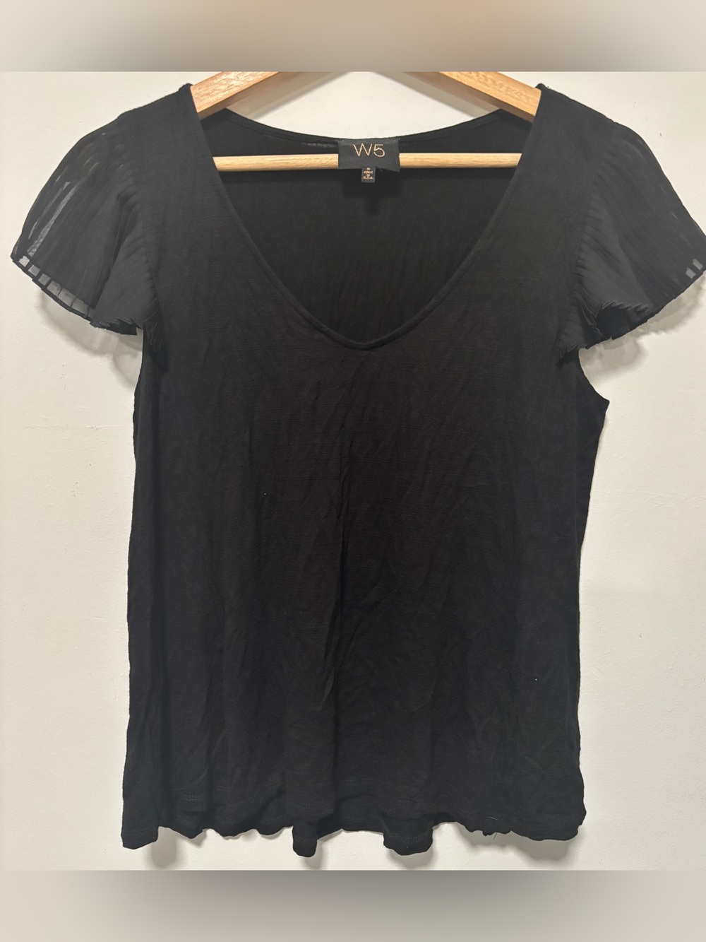 W5 Black V-neck Top With Sheer Pleated Cap Sleeves S